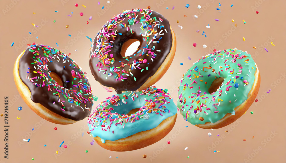 Flying Frosted sprinkled donuts. Set of multicolored doughnuts with sprinkles isolate on color background. 3d rendering. Flying Frosted sprinkled donuts. Set of multicolored doughnuts with sprinkles isolate on color background. 3d rendering.