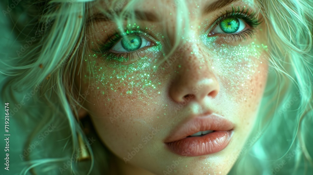 Fairy with green eyes and green glitter on her face Fairy with green eyes and green glitter on her face