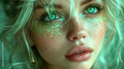 Fairy with green eyes and green glitter on her face