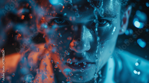 Ein männliches Gesicht unter fließendem Wasser in rot und blau beleuchtet