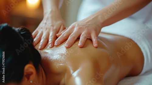 Relaxing body massage spa salon. Health care procedure. Professional masseur rubs back. Person lying on table in towel. Beauty therapy. People rest hotel resort. Medical treatment. Relaxing atmosphere