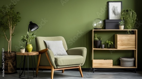 Scandinavian greenery modern living room with green sofa, chair, and bookshelf against green wall.