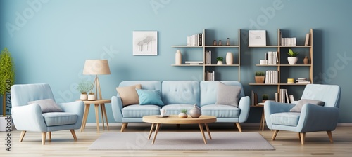 Renew blue scandinavian living room with modern furniture and bookshelf against blue wall.