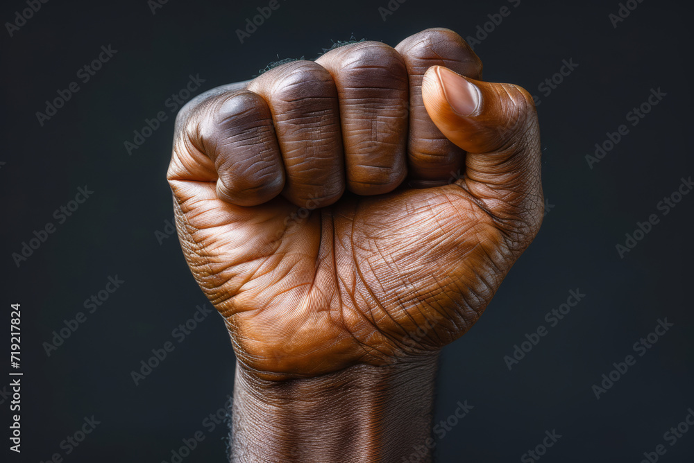 Raised fist of an African American black man in the background. Unity, solidarity, protest. Concept of black history month Raised fist of an African American black man in the background. Unity, solidarity, protest. Concept of black history month