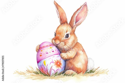 Cute watercolor bunny with a decorated Easter egg in his paws isolated on a white background. AI generative