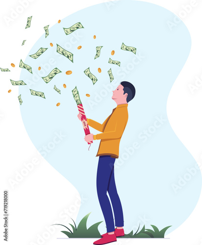 Young man celebrating financial win with money explosion from firecracker. Successful businessman enjoys windfall with cash fireworks display.