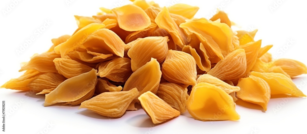 Set of multiple different dried jackfruit chips, dried jackfruit fruit isolated on white background with clipping paths. Set of multiple different dried jackfruit chips, dried jackfruit fruit isolated on white background with clipping paths.