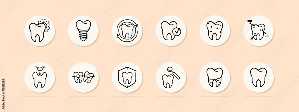 Dentist set line icon. Filling, teeth, caries, toothpaste and brush, crown, jaw, enamel. Pastel color background Vector line icon for business and advertising Dentist set line icon. Filling, teeth, caries, toothpaste and brush, crown, jaw, enamel. Pastel color background Vector line icon for business and advertising