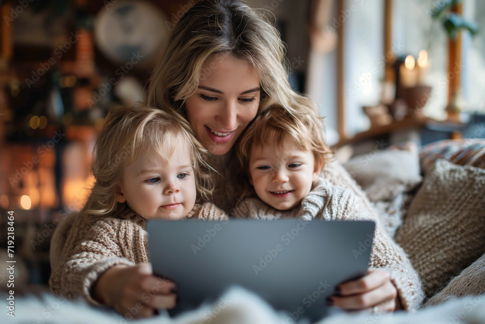 A cheerful mother is using a laptop, with small children next to her A cheerful mother is using a laptop, with small children next to her