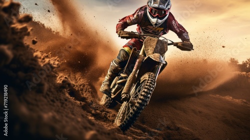 A brave motorcycle racer rushes along a dirt road, extreme motocross.