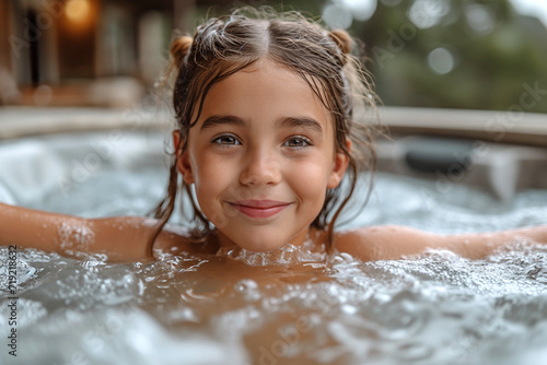 Smiling girl playing in a hot tub