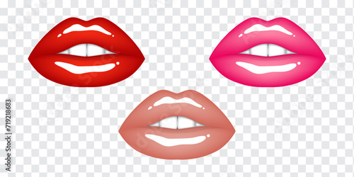 Beautiful sexy plump glossy female lips in red, pink and beige nude colors. Set of isolated vector illustrations on transparent background
