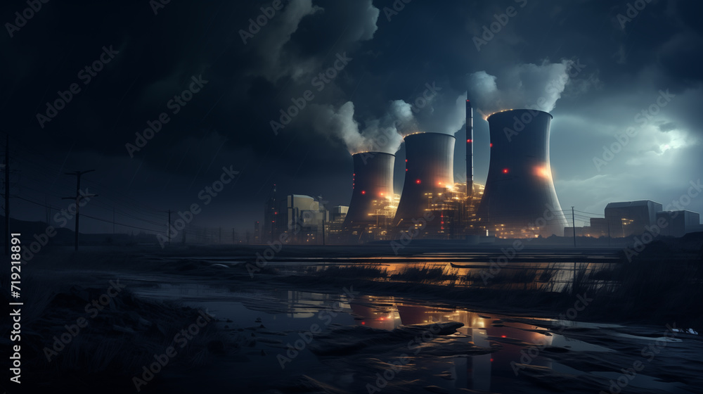 Image of an operating nuclear power plant in dramatic format. The concept of protecting the environment and ecology from nuclear energy emissions. AI Generated