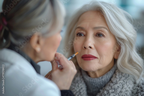 A doctor gives a lip injection to an elderly woman