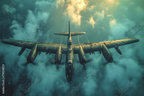 Foto A military bomber flies in the sky, top view.