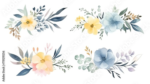 Watercolor floral bouquet illustration set - blush pink blue yellow flower green leaf leaves branches bouquets collection. Wedding stationary, greetings, wallpapers, fashion, background. Generative Ai © mahaart
