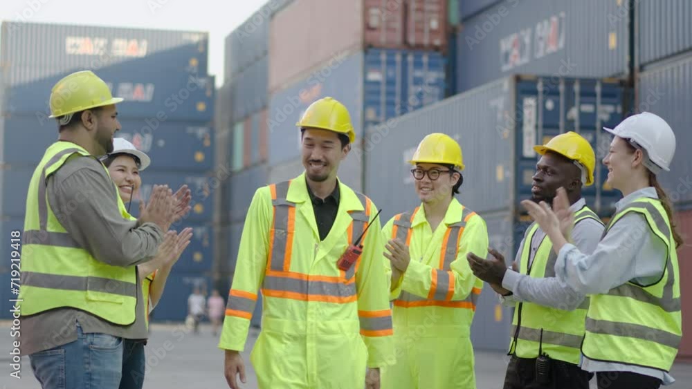 Diverse group of container workers Standing in line clapping hand Congratulations to the successful supervisors in import and export business logistic company, happy that the work was successfully Diverse group of container workers Standing in line clapping hand Congratulations to the successful supervisors in import and export business logistic company, happy that the work was successfully