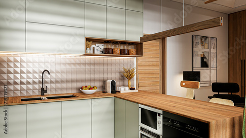 Fototapeta Naklejka Na Ścianę i Meble -  Light brown and green kitchen, minimal style, elegant countertops