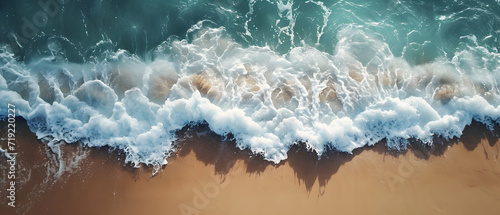 Beautiful tropical beach waves along the coastline, Aerial drone view of sandy beach.