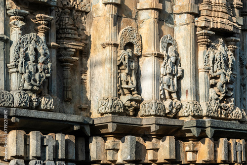 Ornate carvings of a Hindu deities at the ancient Hoysala era Chennakeshava temple in Belur, Karnataka.