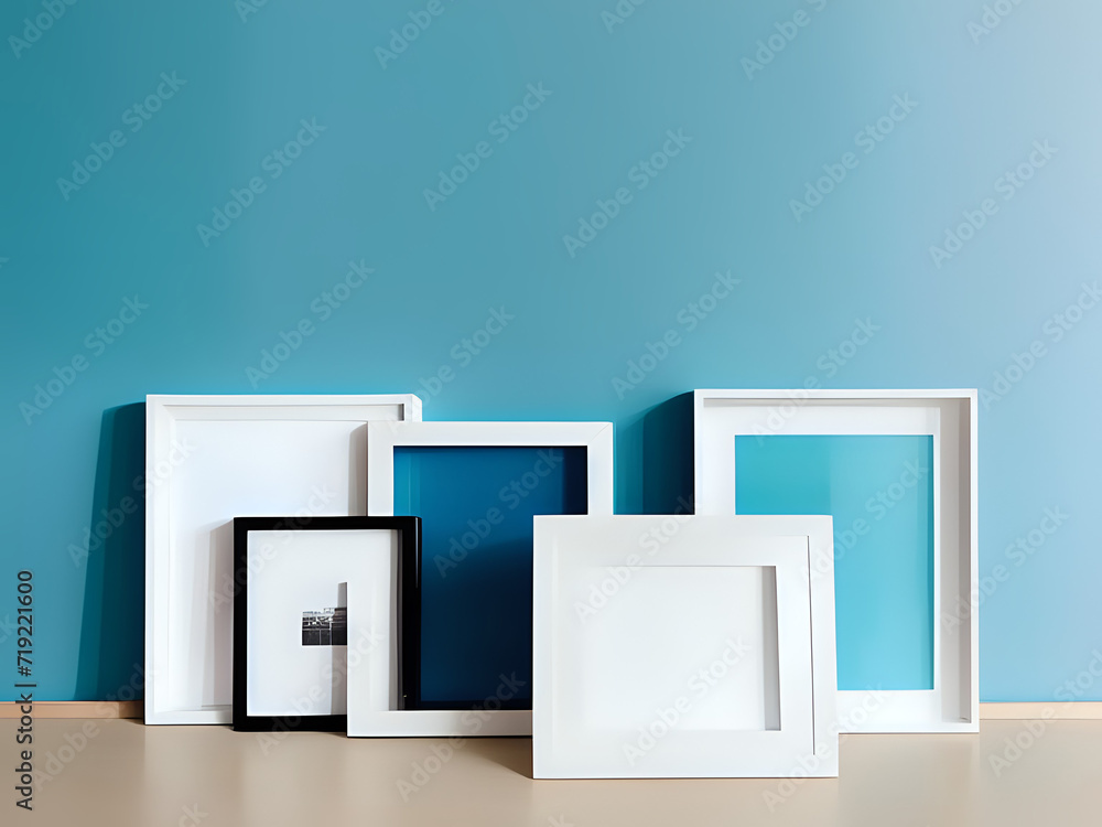 weiße Rahmen an blaue Wand gelehnt weiße Rahmen an blaue Wand gelehnt