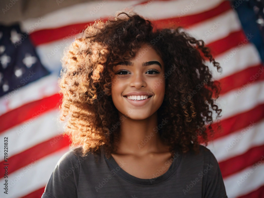 Portrait of a happy beautiful black girl with American flag curly hair