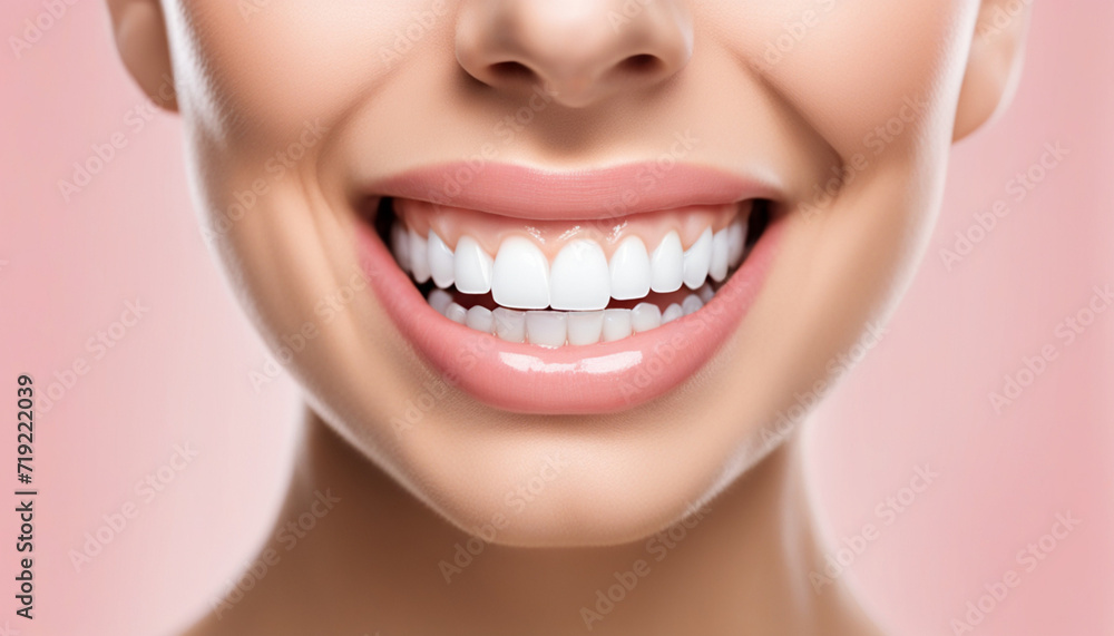 Obraz premium Closeup healthy white teeth and pink gum of a woman. Oral care dentistry