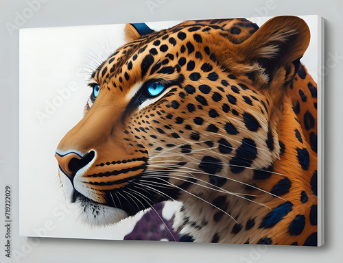 Kopf eines Leoparden mit blauen Augen auf einer Leinwand vor einer Wand