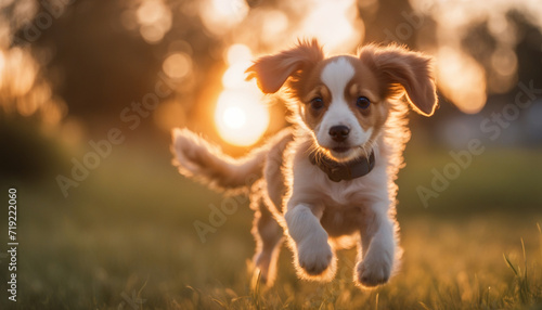 Young puppy walking towards the camera during sunset