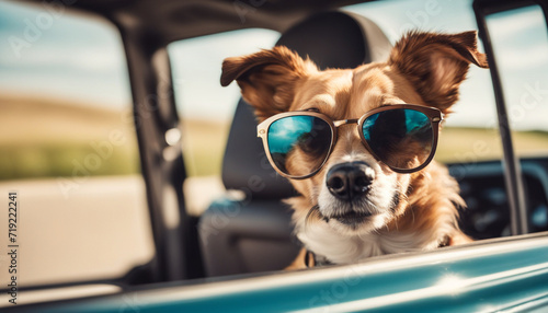 Head of happy lap dog in sunglasses looking out of car window
 photo
