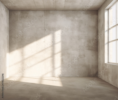 room with sunlight behind a wall with windows, in the style of concrete, monochrome palette, light & shadow