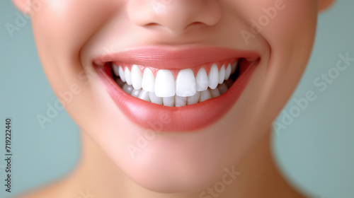 Close-Up of Womans Smiling Face With White Teeth. Generative AI.