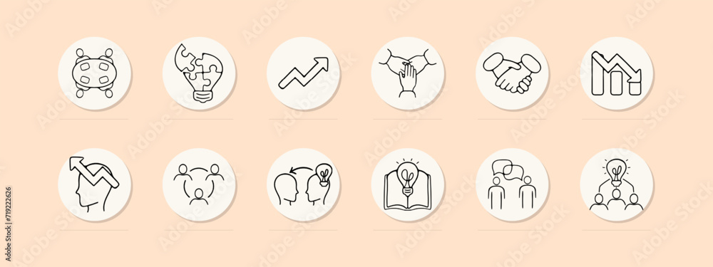 Group work set line icon. Corporation, idea generation, team, brainstorming, training, advanced training. Pastel color background Vector line icon for business and advertising Group work set line icon. Corporation, idea generation, team, brainstorming, training, advanced training. Pastel color background Vector line icon for business and advertising