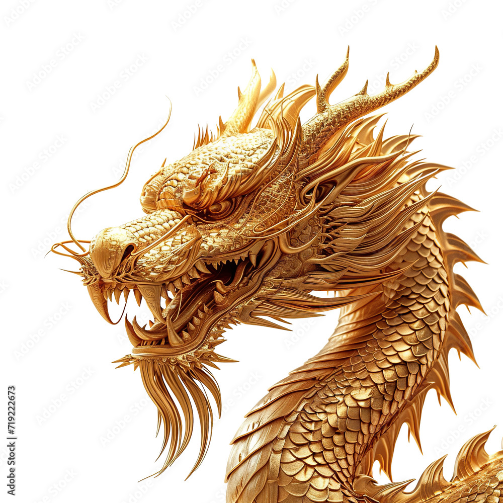 Portrait of Golden Chinese dragon isolated on transparent or white background