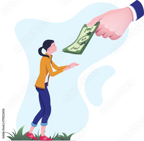 Young woman receiving cash from a giant hand, financial aid concept. Generous donor giving money to a grateful recipient outdoors.