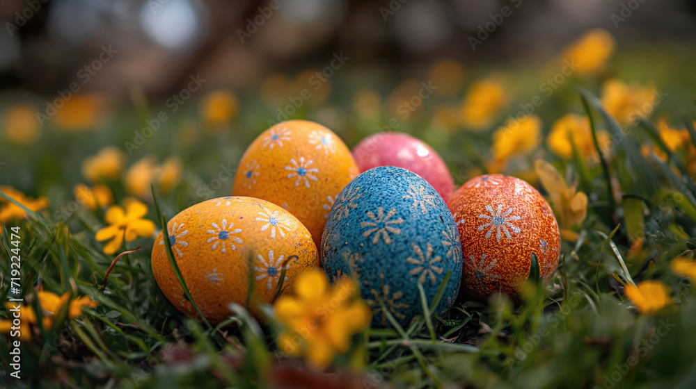 Group of Painted Eggs in Grass, Colorful Spring Decorations Outdoors. Generative AI. Group of Painted Eggs in Grass, Colorful Spring Decorations Outdoors. Generative AI.