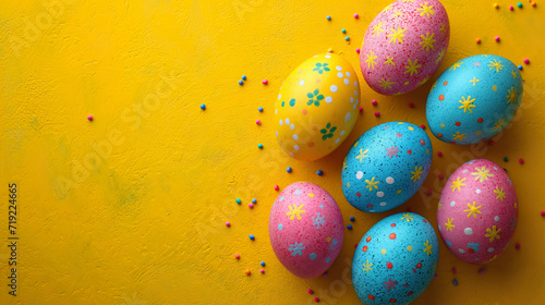 Group of Colorful Eggs Resting on Yellow Table. Generative AI.