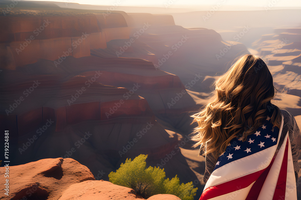Woman with an American flag on the edge of a canyon at sunset. US Independence Day.