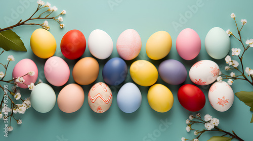 Flat lay of colored Easter eggs. Plain pastel background.