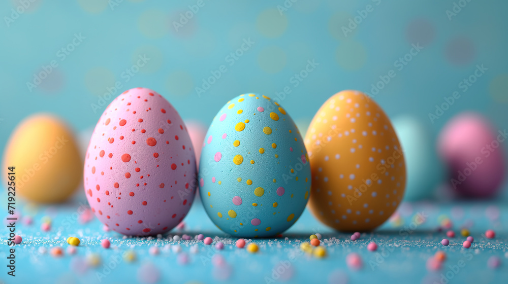 Row of Colorful Eggs on Table, Brightly Painted Easter Decorations. Generative AI. Row of Colorful Eggs on Table, Brightly Painted Easter Decorations. Generative AI.