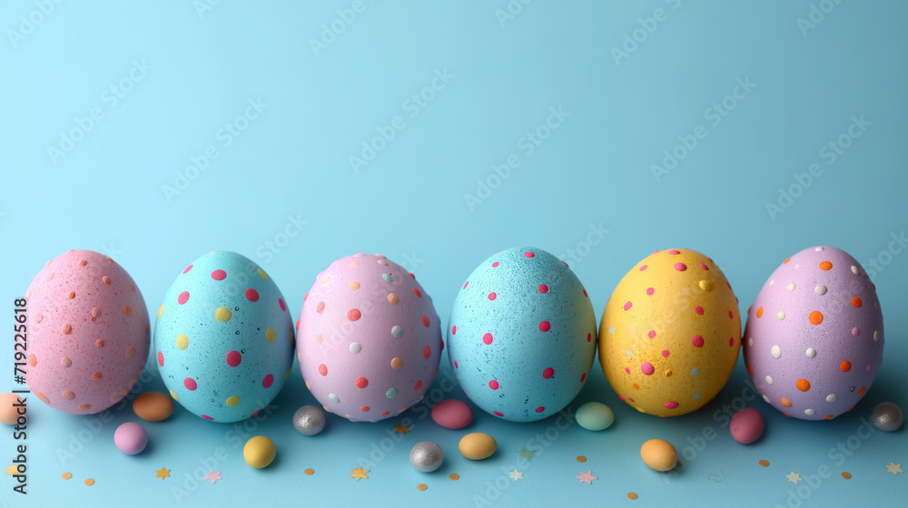 Row of Painted Eggs on Blue Surface. Generative AI. Row of Painted Eggs on Blue Surface. Generative AI.