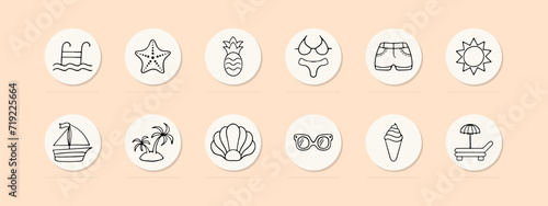 Summer set line icon. Vacation, pineapple, swimsuit, sunglasses, sand, resort, tan, cream, cocktail, watermelon. Pastel color background. Vector line icon for business and advertising