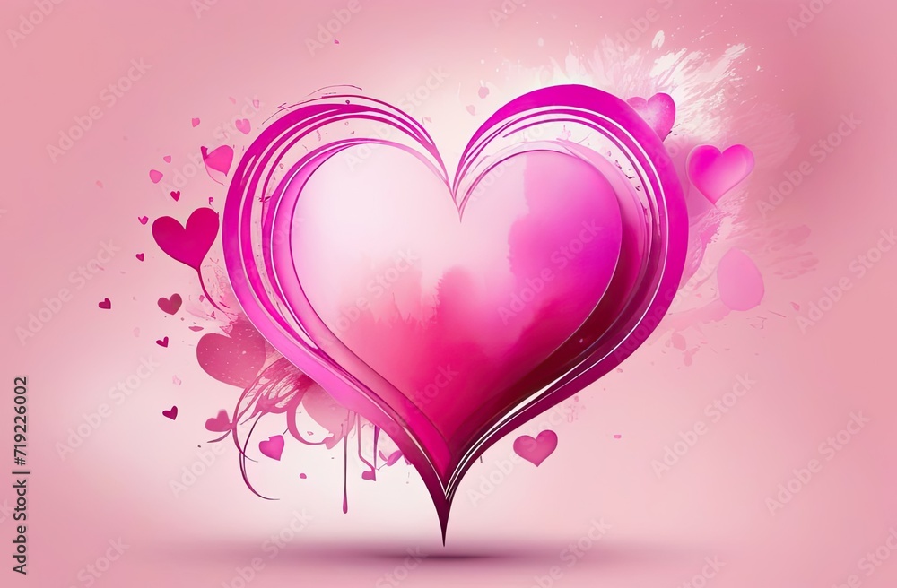 A crimson heart with the effect of layering and floating - in the middle and decorative elements around, a pastel delicate background, a banner with a place for words, a computer drawing