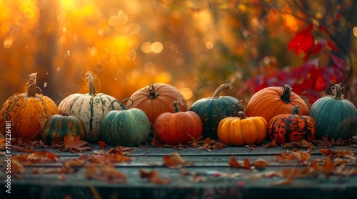 Colorful pumpkins lined up against an autumnal woodland backdrop