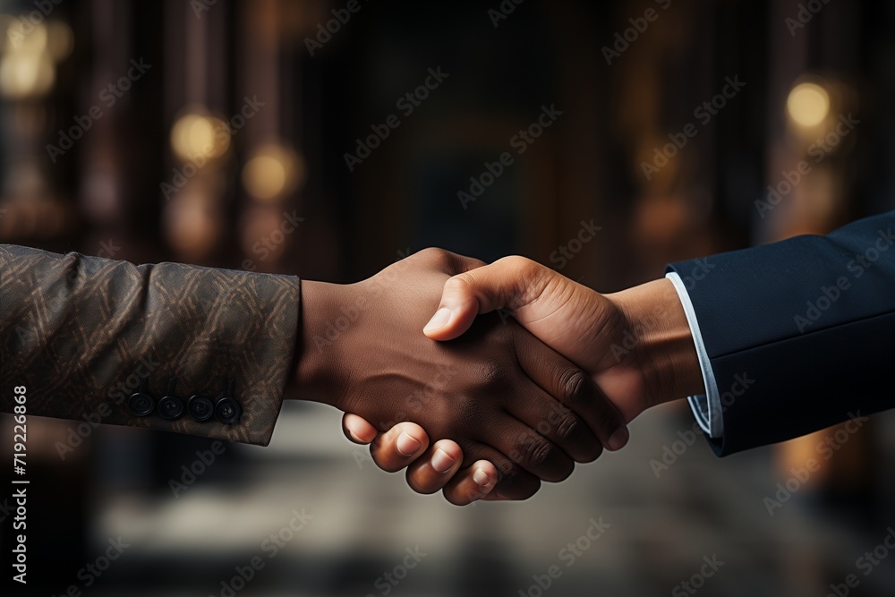 An African American woman and a man in business suits shake hands. Successful conclusion of a deal, employment, business agreement. Generative AI. An African American woman and a man in business suits shake hands. Successful conclusion of a deal, employment, business agreement. Generative AI.
