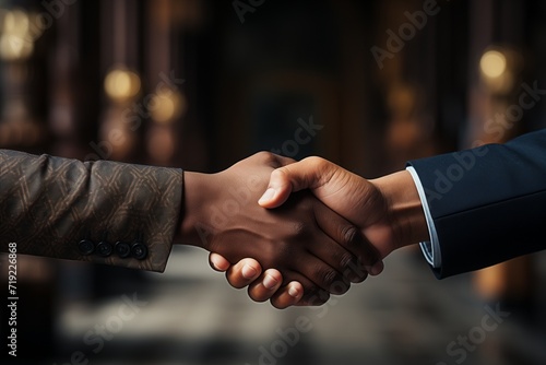 An African American woman and a man in business suits shake hands. Successful conclusion of a deal, employment, business agreement. Generative AI.