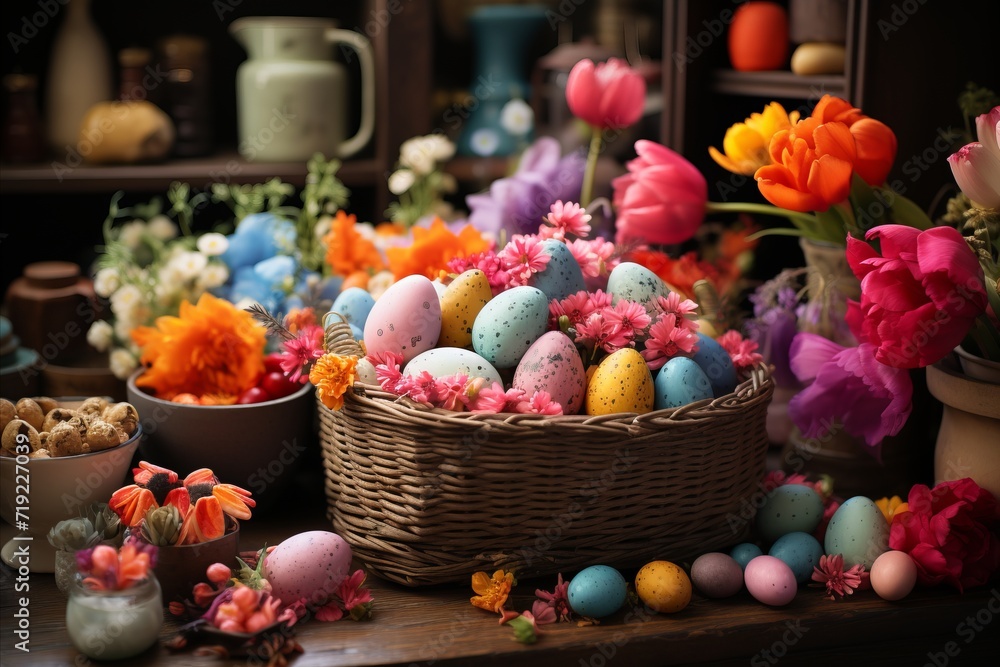 Colorful Easter basket filled with eggs and treats, decorated with flowers. Easter concept.