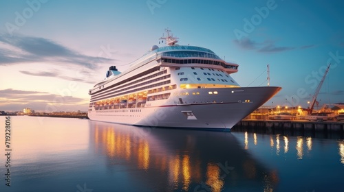 A modern, white cruise ship near the pier at sunset, side view. Travel and vacation © masyastadnikova