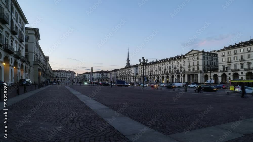 Turin, Italy. Day to night of Piazza Vittorio Veneto. Car traffic at rush hour. Clear sky with copy space. Time lapse video. 2023-09-01. Turin, Italy. Day to night of Piazza Vittorio Veneto. Car traffic at rush hour. Clear sky with copy space. Time lapse video. 2023-09-01.