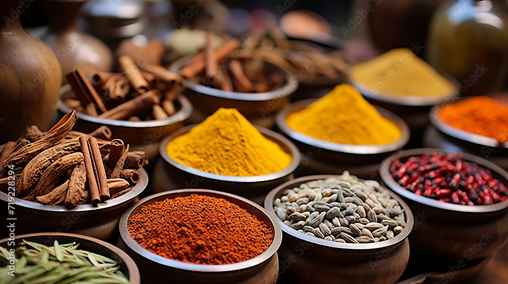 Colorful spices and herbs in vibrant close up, showcasing captivating textures and hues. Colorful spices and herbs in vibrant close up, showcasing captivating textures and hues.